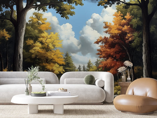 Fototapete Herbstpfad ins Licht » Warmer Waldweg im goldenen Herbst  Harmonische Farbpalette  Exklusiv bei PCC FoliaConcept