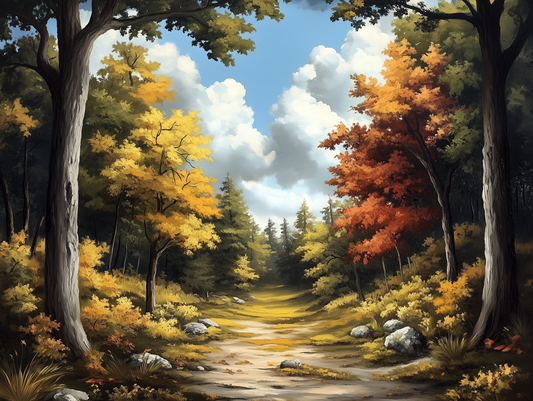 Fototapete Herbstpfad ins Licht » Warmer Waldweg im goldenen Herbst  Harmonische Farbpalette  Exklusiv bei PCC FoliaConcept
