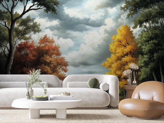 Fototapete Herbstlicht & Wolkenspiel » Waldweg mit herbstlichen Farben und dramatischem Himmel  Beeindruckendes Naturmotiv  Nur bei PCC FoliaConcept