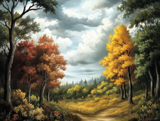 Fototapete Herbstlicht & Wolkenspiel » Waldweg mit herbstlichen Farben und dramatischem Himmel  Beeindruckendes Naturmotiv  Nur bei PCC FoliaConcept