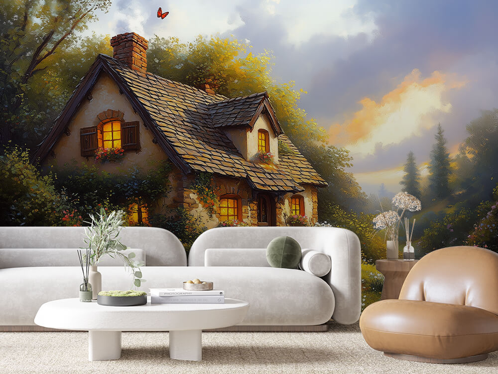 Fototapete Märchenhaus im Blütengarten » Cottage mit Wildblumen im Sonnenuntergang  Für traumhafte Rückzugsorte  Exklusiv bei PCC FoliaConcept