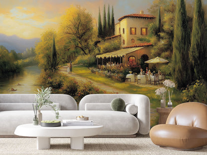 Fototapete Toskana am Fluss » Mediterraner Abend am Wasser mit Villa & Boot  Italienisches Lebensgefühl für zu Hause  Nur bei PCC FoliaConcept