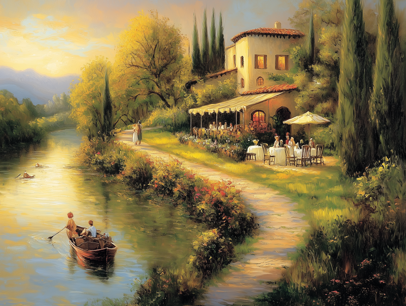 Fototapete Toskana am Fluss » Mediterraner Abend am Wasser mit Villa & Boot  Italienisches Lebensgefühl für zu Hause  Nur bei PCC FoliaConcept