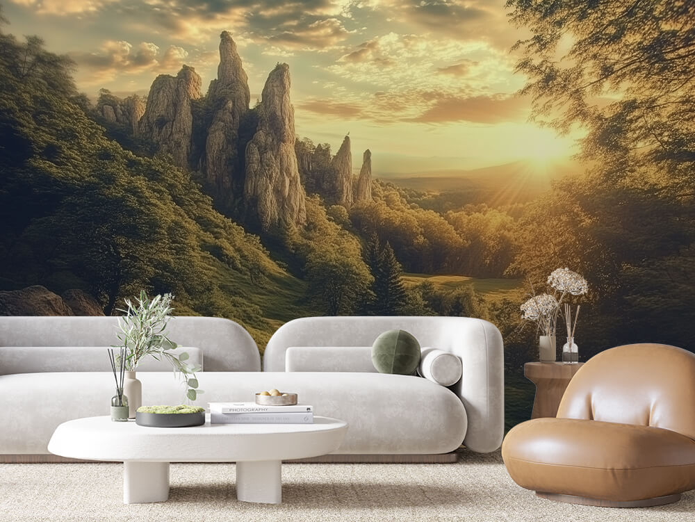 Fototapete Felsen im Abendlicht » Magische Landschaft mit Waldpfad  Dramatisches Lichtspiel  Exklusiv bei PCC FoliaConcept