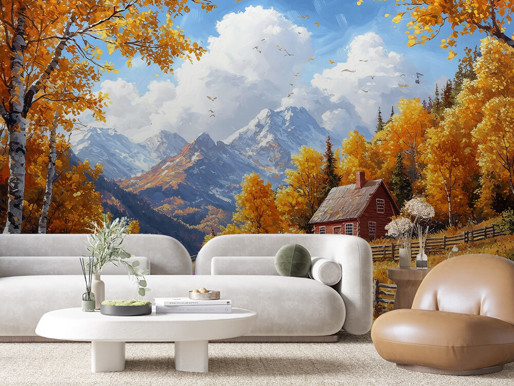 Fototapete Alpenpanorama mit Hütte » Farbenfroher Herbstblick  Moderne Gemütlichkeit  Nur bei PCC FoliaConcept