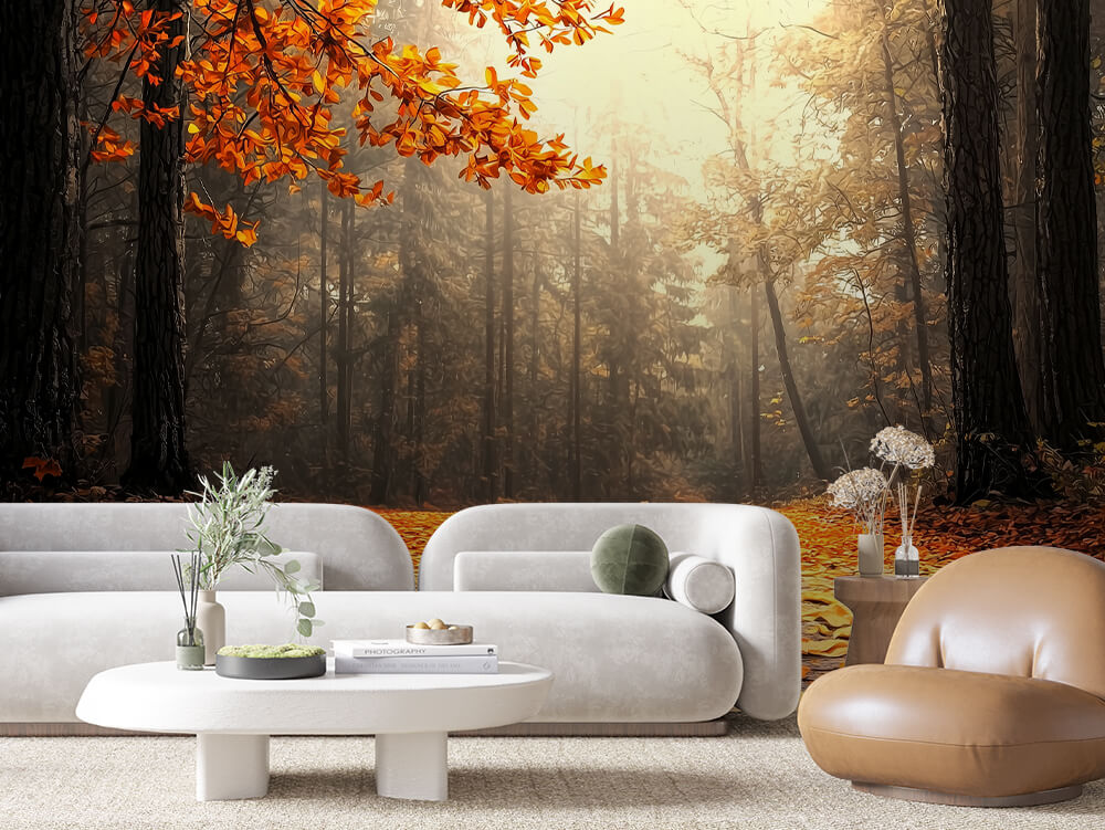 Fototapete Herbstwald mit Laubweg » Warme Farbtöne  Ruhige Waldszenerie  Exklusiv bei PCC FoliaConcept