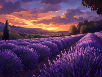Fototapete Lavendel im Sonnenuntergang » Mediterrane Idylle  Beruhigendes Farbspiel  Exklusiv bei PCC FoliaConcept