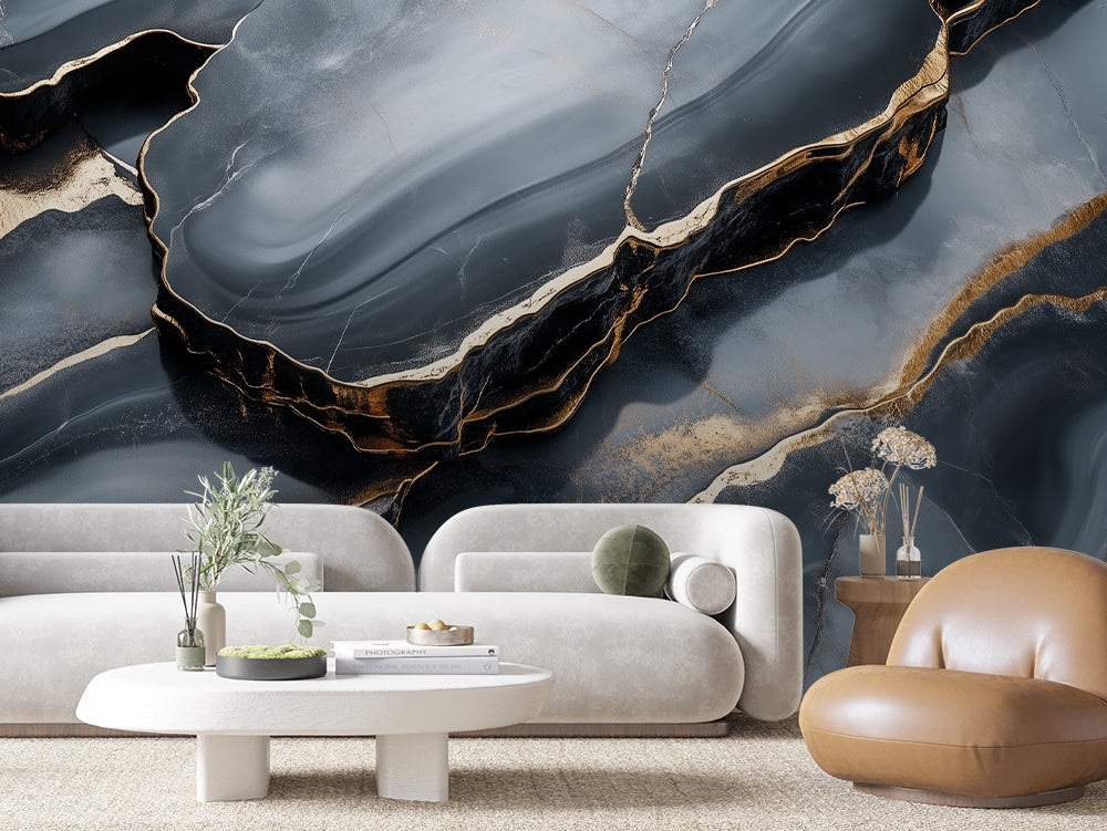 3D Marmoroptik in Dunkelgrau mit goldenen Details  Ausdrucksstarke Tiefe & selbstklebend  PVC-frei – Pimp My Wall