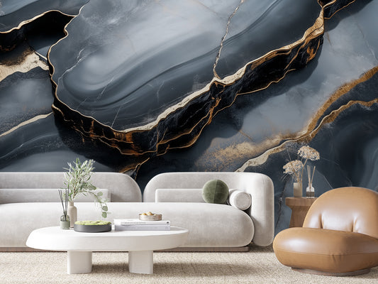 3D Marmoroptik in Dunkelgrau mit goldenen Details  Ausdrucksstarke Tiefe & selbstklebend  PVC-frei – Pimp My Wall