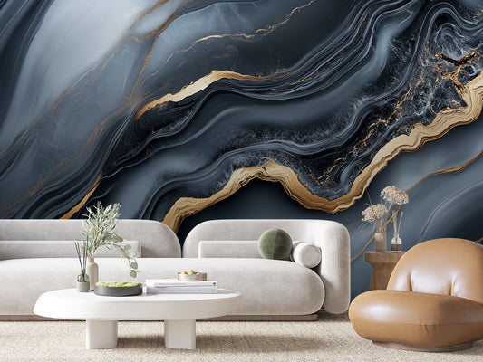 3D Marmoroptik in Nachtblau mit goldenen Adern  Fließende Struktur & selbstklebend  PVC-frei – Pimp My Wall