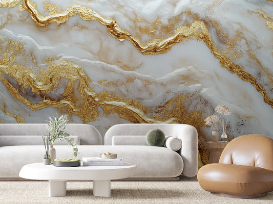 3D Marmor Tapete in Weiß mit Kristallgold  Glänzende Optik & selbstklebend  PVC-frei – Pimp My Wall