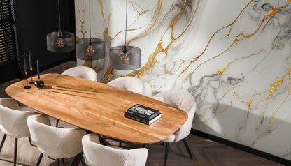 Fototapete Marmor Golden Wave III – Dritte Golden-Wave-Variante mit weißem Grund und goldenen sowie schwarzen Maserungen i...