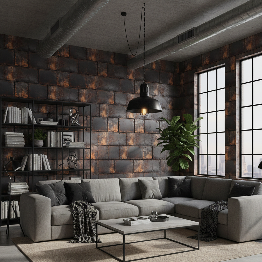 industrial design wohnzimmer mit tapete Metal_0034