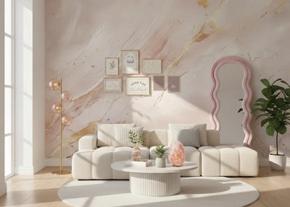 Fototapete Marmor Roségold Tapete – Rosé-Marmor mit goldenen Akzenten in zarter, moderner Komposition – das Wandbild zeigt...