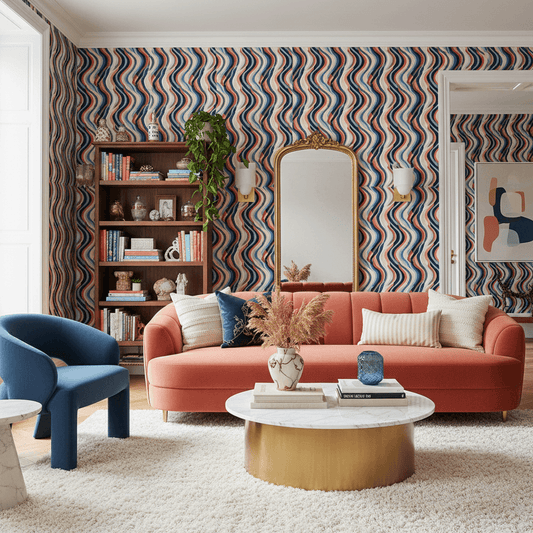 Stilvolles Wohnzimmer mit abstrakter Wellentapete in Blau-, Korall- und Cremetönen als auffällige Statement-Wand.