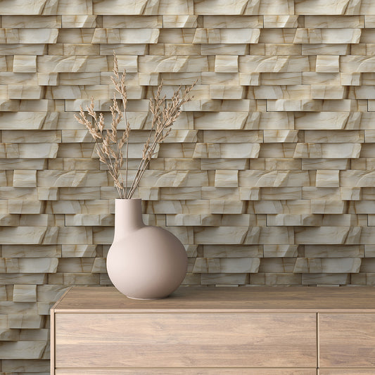  Helle Natursteinoptik mit plastischer Quaderstruktur  PVC-frei, selbstklebend & langlebig  Designstatement von PCC FoliaConcept für moderne Raumgestaltung
