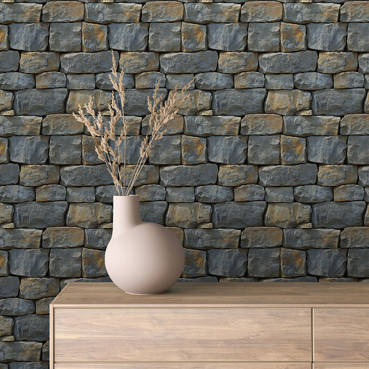  Wandtapete in rustikaler Schieferstein-Optik  Grau-blaue Naturtöne mit warmer Maserung  Ideal für Akzentwände im Wohnzimmer, Kaminbereich oder Loft – by PCC FoliaConcept