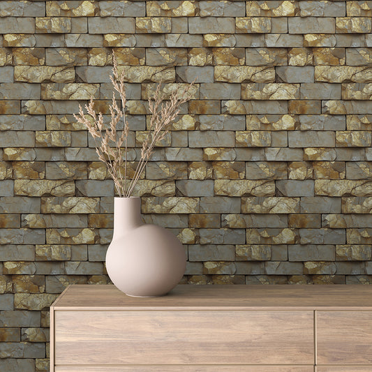  3D-Tapete in goldbraunem Schiefer-Look  Warme, strukturierte Steinoptik für ein stilvolles Ambiente  Ideal für Wohnzimmer, Loft, Kaminwand Lieferzeit 2-4 Tage 