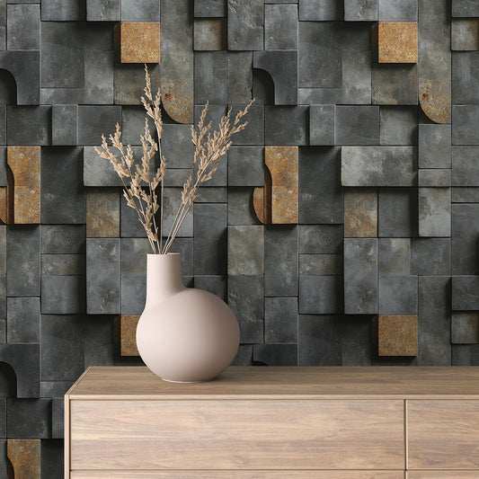  3D-Tapete in industrieller Beton-Optik mit Rostakzenten  Grafisch und modern für urbane Räume  Ideal für Loft, Studio oder Akzentwand – by PCC FoliaConcept