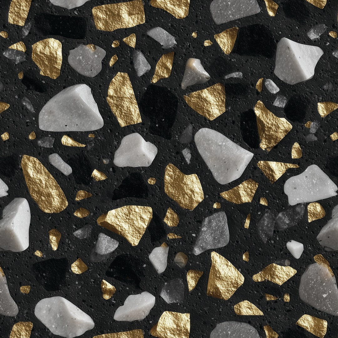 Terrazzo Tapete Schwarz mit Gold und Marmor – Detailansicht der Steinsplitter