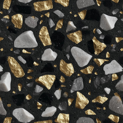 Terrazzo Tapete Schwarz mit Gold und Marmor – Detailansicht der Steinsplitter