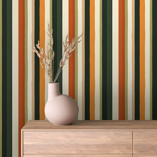 Lieferzeit 2–4 Tage  Streifen in Rost, Senf & Moosgrün  Warme Retro-Atmosphäre  Selbstklebend & PVC-frei – by PCC FoliaConcept