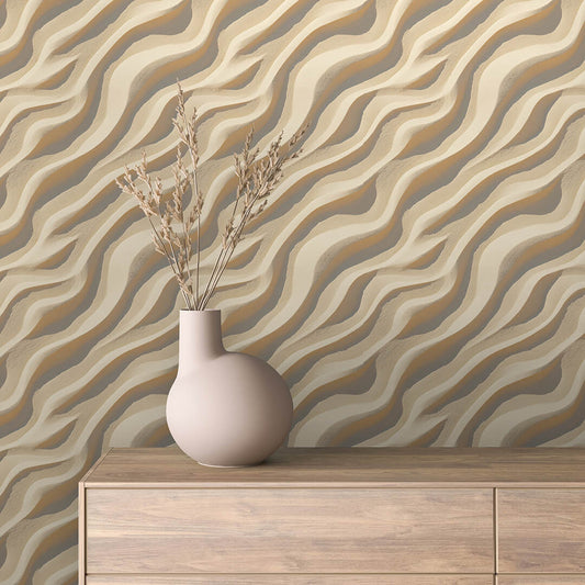 Wanddesign mit 3D-Sandwellen  Fließende Naturstruktur in warmen Tönen  Selbstklebend & PVC-frei – made by PCC FoliaConcept!