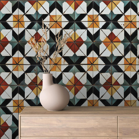 Geometrisches Bauhaus-Muster  Bunte Akzente mit Vintage-Charme  Selbstklebend & PVC-frei – by PCC FoliaConcept
