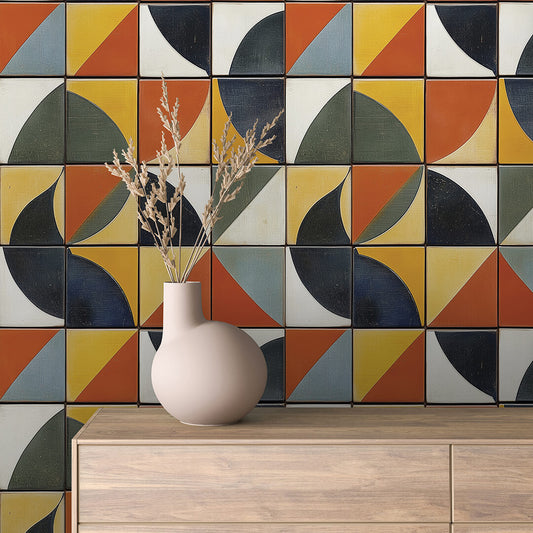 Hochwertige Küchentapete online bestellen  Selbstklebend & PVC-frei – by PCC FoliaConcept  Mid-Century-Design  Verspielte Formen mit Retro-Farbwelt