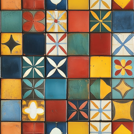 Fliesenfolie Patchwork Bunt Detailansicht – Rot, Gelb, Blau, Gruen, Tuerkis, selbstklebend