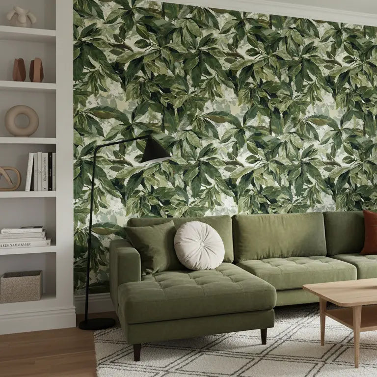 Blumentapete Blätter Grün – Modern – Üppiges, dicht gewachsenes Blätterwerk in verschiedenen Grüntönen auf einem hellen,