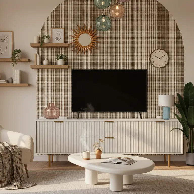 Strukturtapete Rustikales Karogewebe – Lifestyle-Aufnahme einer rustikalen Gewebestruktur-Tapete im Karomuster, als bogenf...