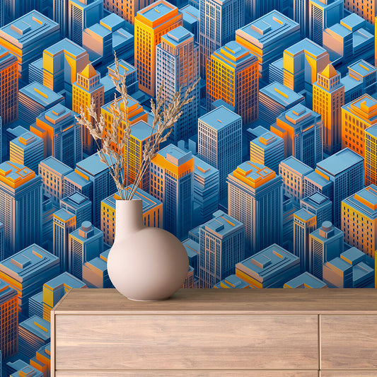 Wandbild blaue und gelbe stilisierte Gebäude in der Sonne