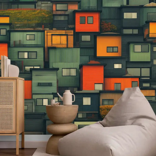 Selbstklebende Tapete japanische Fassaden in Wohnzimmer-Leseecke mit Sitzsack