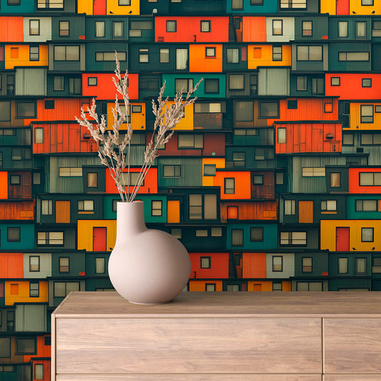 Künstlerische Tapete der skandinavische Architektur in kräftigen Farben PVC-freie Tapete  schneller Versand▪️Einfach aufkleben, fertig!  Made in Germany PCC FoliaConcept GmbH 