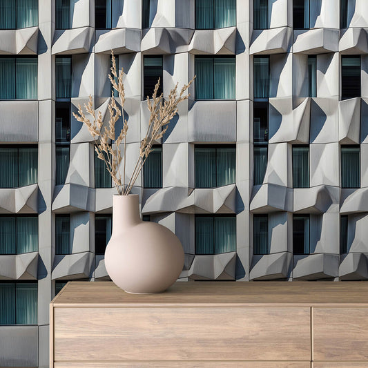Moderne Tapete mit geometrischem Fassadendesign und 3D-Effekt. Urban, minimalistisch & selbstklebend – ideal für stilvolle Räume PVC-freie Tapete  schneller Versand▪️ Made in Germany PCC FoliaConcept GmbH 