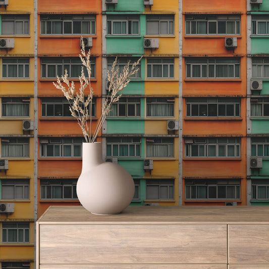 Fototapete der Kowloon Walled City in Pastell – urbane Tiefe trifft sanfte Farben. PVC-freie Tapete  Lieferung 2-4 Werktage▪️ Made in Germany PCC FoliaConcept GmbH