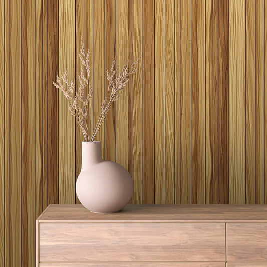 WOOD 0016 ist ein moderner Wandbelag mit vertikaler Lamellenstruktur in warmen Honig- und Karamelltönen – ideal für natürliche Raumkonzepte mit grafischer Eleganz.