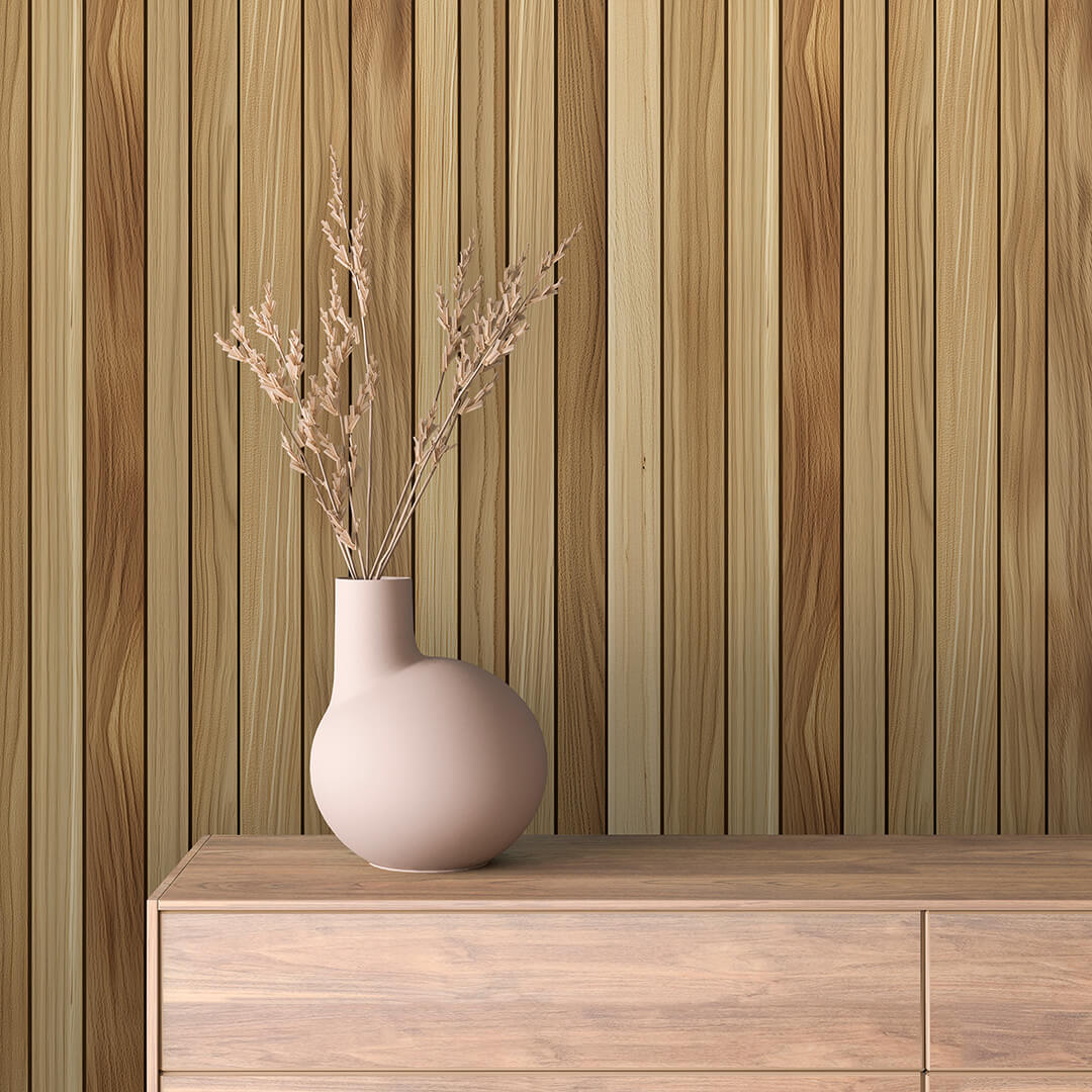 WOOD 0017 ist ein stilvoller Wandbelag mit vertikaler Holzstruktur in hellen Naturtönen – perfekt für ruhige, moderne Raumkonzepte mit klarer Ästhetik.