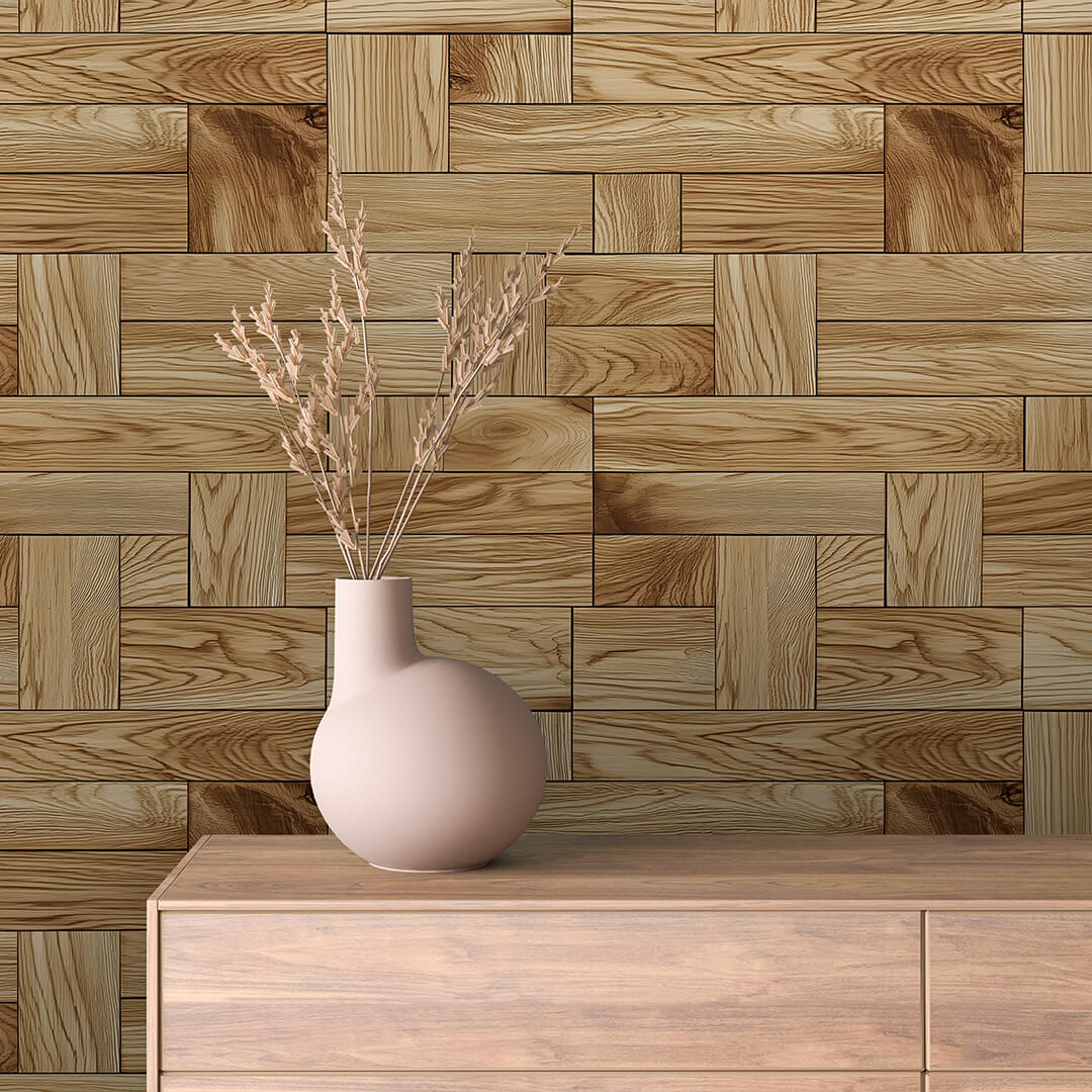 WOOD 0020 – Ausdrucksstarker Wandbelag im Würfelmuster mit natürlicher Holzmaserung für stilvolle, kreative Raumkonzepte.