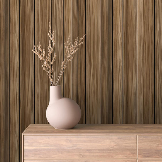 WOOD 0021 – stilvoller Wandbelag in Nussbaumoptik mit vertikaler Lamellenstruktur und markanter Maserung. Für elegante, moderne Raumkonzepte mit Tiefe und Wärme.
