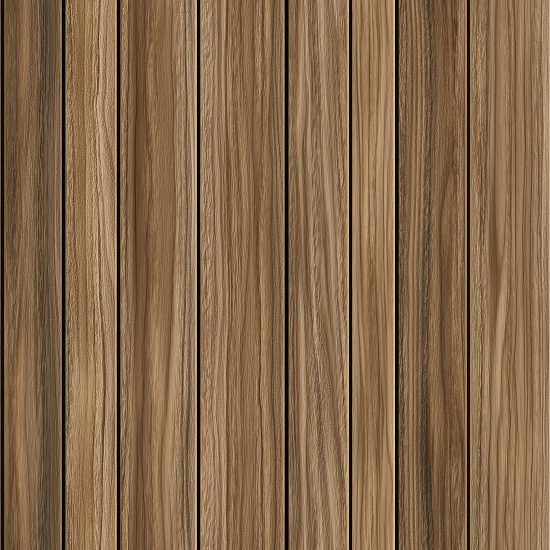 WOOD 0021 – stilvoller Wandbelag in Nussbaumoptik mit vertikaler Lamellenstruktur und markanter Maserung. Für elegante, moderne Raumkonzepte mit Tiefe und Wärme.