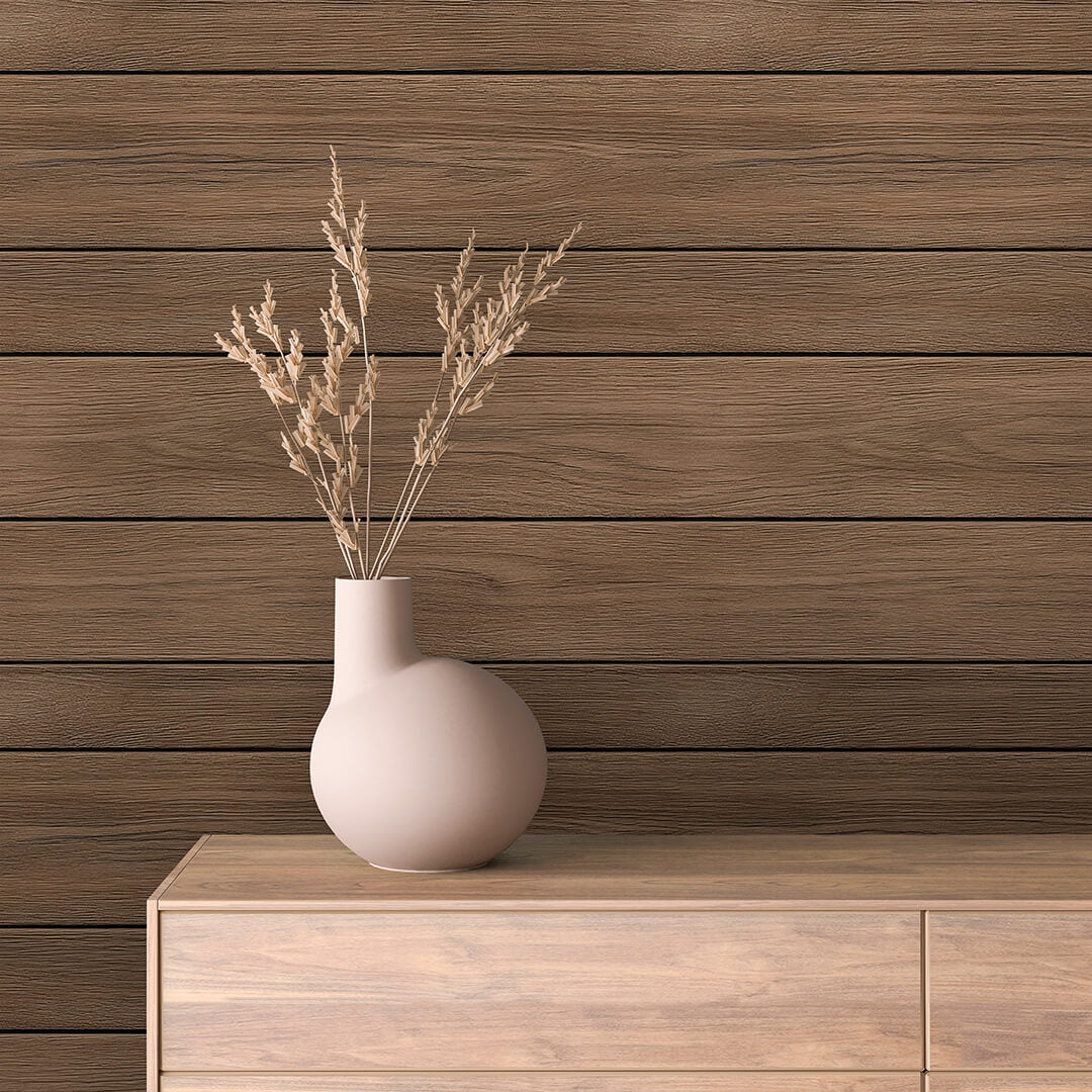 WOOD 0024 – Wandbelag in horizontaler Nussbaumoptik. Warm, klar und elegant – ideal für moderne, geradlinige Raumkonzepte.