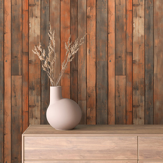 WOOD 0026 – Used-Look Wandbelag aus recycelter Fichte mit rustikaler Patina in Ziegelrot und Grau. Ideal für urbane oder kreative Raumkonzepte.