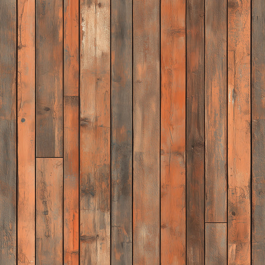 WOOD 0026 – Used-Look Wandbelag aus recycelter Fichte mit rustikaler Patina in Ziegelrot und Grau. Ideal für urbane oder kreative Raumkonzepte.