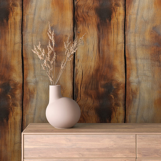 WOOD 0029 – expressiver Wandbelag mit gebranntem Eichenholz-Look. Rustikal, dramatisch und einzigartig für charaktervolle Raumgestaltung.