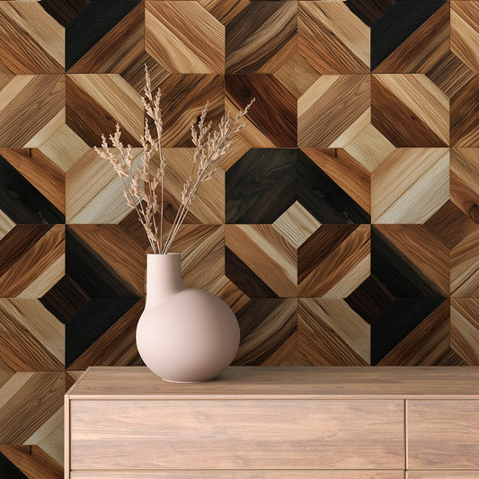 WOOD 0030 – grafischer Wandbelag mit 3D-Holz-Mosaik aus Eiche, Esche und Nussbaum. Ausdrucksstark, modern und natürlich.