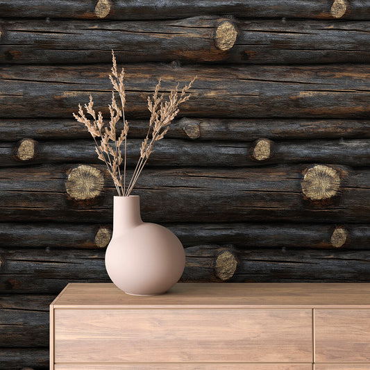 WOOD 0038 – Wanddesign im rustikalen Blockhausstil mit dunklem Fichtenholz-Look. Perfekt für markante, naturverbundene Raumkonzepte.