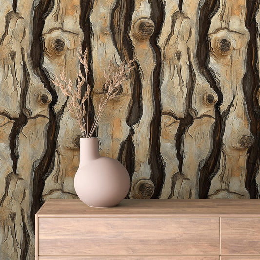 WOOD 0039 – markantes Rindendesign inspiriert von der Schwarzkiefer. Für künstlerisch-natürliche Wände mit starkem Charakter.