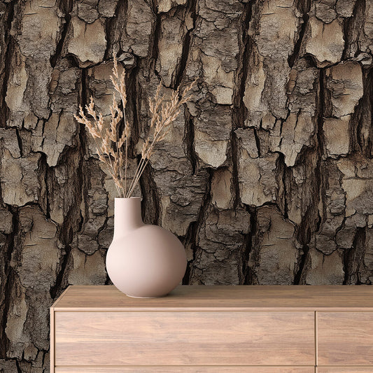 WOOD 0040 – realistische Kiefernrindenstruktur für ein markant-natürliches Wanddesign. Ideal für rustikale, naturnahe Interior-Konzepte